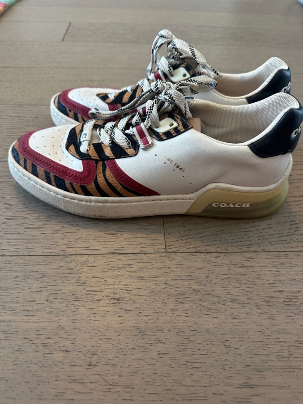 Coach White Sneakers with Tiger Stripe and Burgundy Accents - Picture 2 of 3